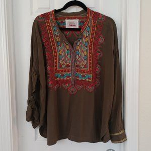 Johnny Was Boho Style Olive Tone Top